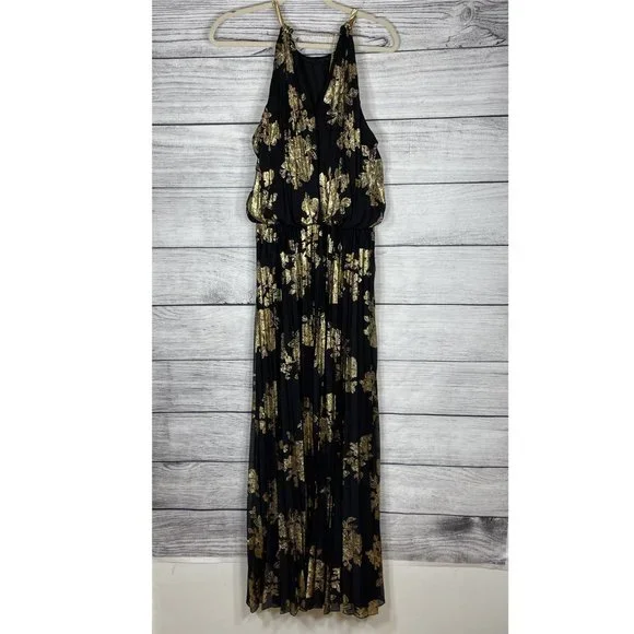 NWT MSK Metallic Print Pleated Blouson Gown Black Gold Sz 8